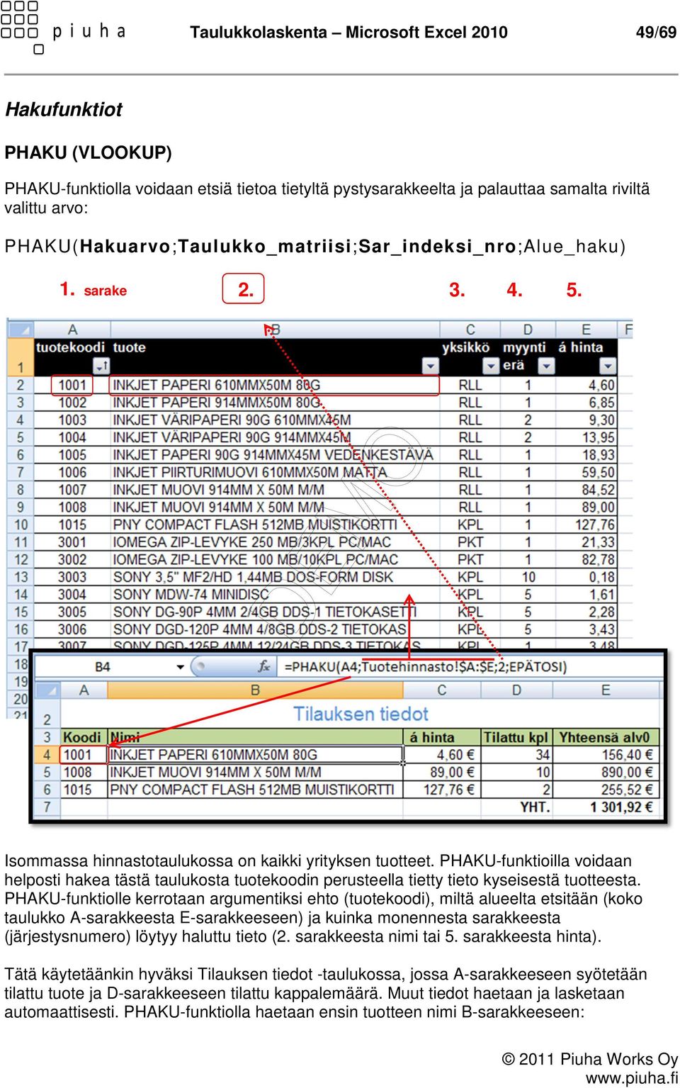 PHAKU-funktioilla voidaan helposti hakea tästä taulukosta tuotekoodin perusteella tietty tieto kyseisestä tuotteesta.