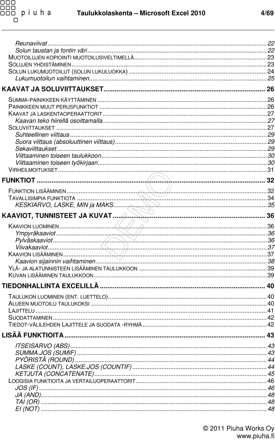 .. 26 KAAVAT JA LASKENTAOPERAATTORIT... 27 Kaavan teko hiirellä osoittamalla... 27 SOLUVIITTAUKSET... 27 Suhteellinen viittaus... 29 Suora viittaus (absoluuttinen viittaus)... 29 Sekaviittaukset.