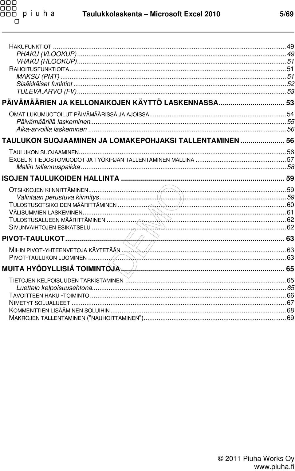 .. 56 TAULUKON SUOJAAMINEN JA LOMAKEPOHJAKSI TALLENTAMINEN... 56 TAULUKON SUOJAAMINEN... 56 EXCELIN TIEDOSTOMUODOT JA TYÖKIRJAN TALLENTAMINEN MALLINA... 57 Mallin tallennuspaikka.