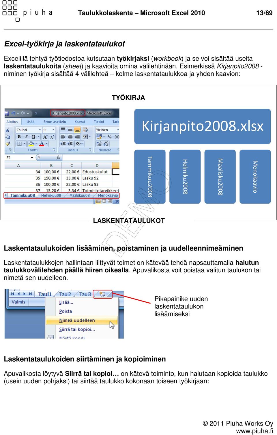 xlsx Menokaavio Maalisku2008 Helmiku2008 Tammikuu2008 LASKENTATAULUKOT Laskentataulukoiden lisääminen, poistaminen ja uudelleennimeäminen Laskentataulukkojen hallintaan liittyvät toimet on kätevää