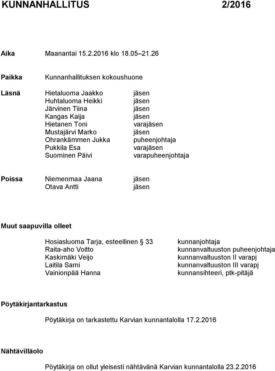 Jukka puheenjohtaja Pukkila Esa varajäsen Suominen Päivi varapuheenjohtaja Poissa Niemenmaa Jaana jäsen Otava Antti jäsen Muut saapuvilla olleet Hosiasluoma Tarja, esteellinen 33 Raita-aho Voitto