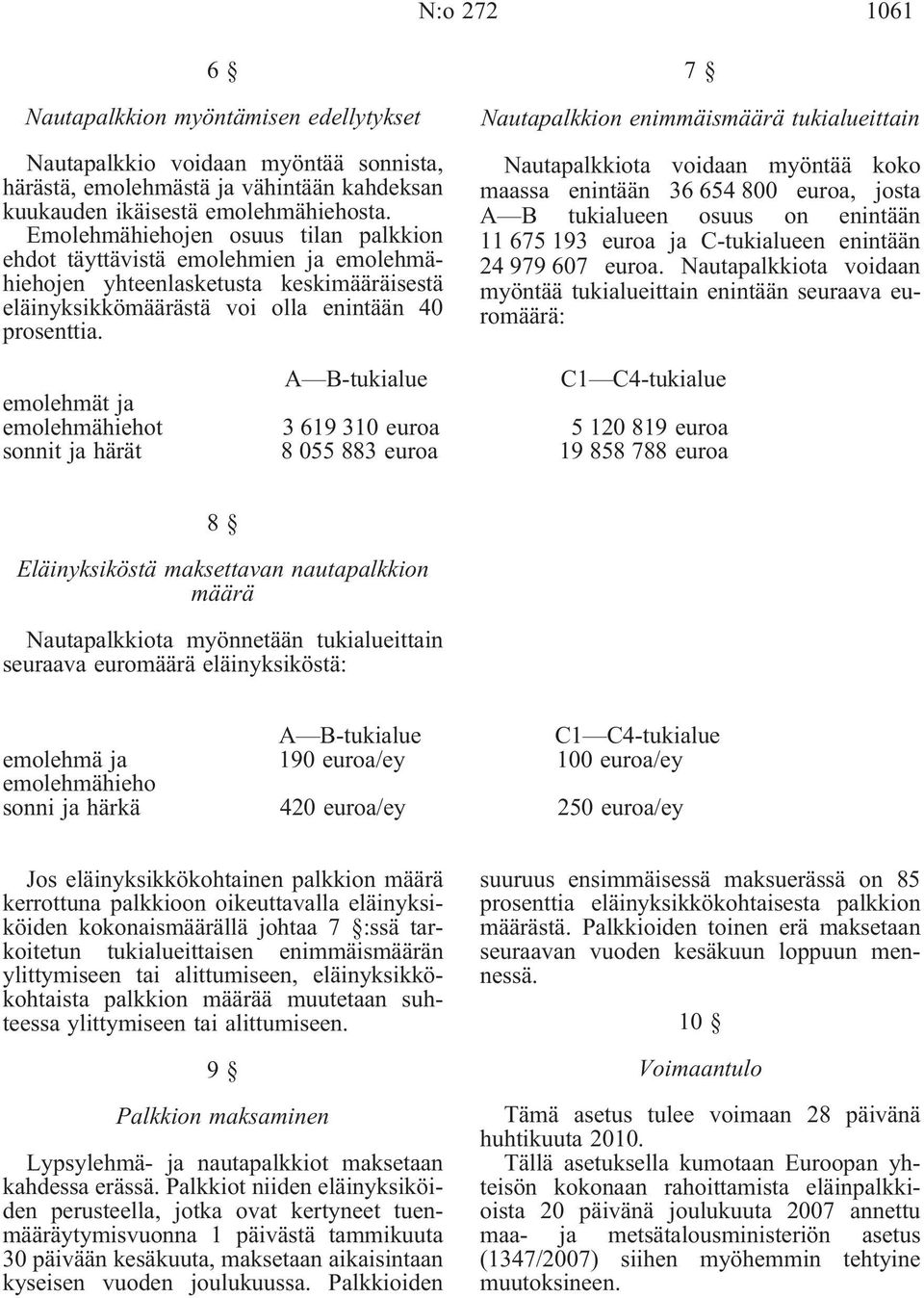 7 Nautapalkkion enimmäismäärä tukialueittain Nautapalkkiota voidaan myöntää koko maassa enintään 36 654 800 euroa, josta A B tukialueen osuus on enintään 11 675 193 euroa ja C-tukialueen enintään 24