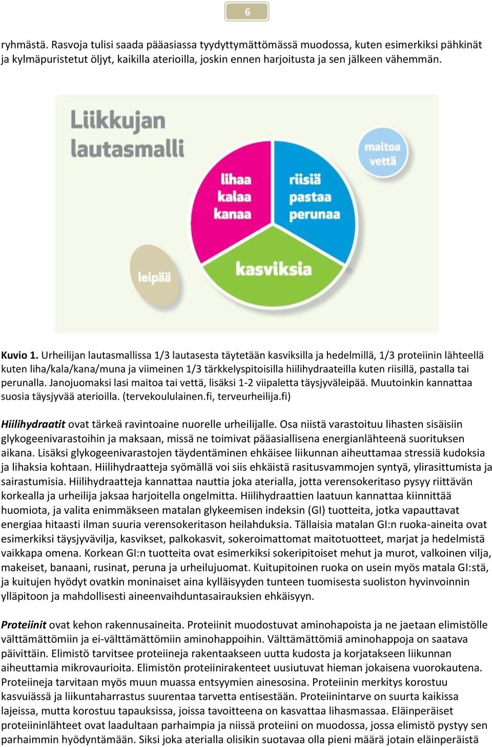 Urheilijan lautasmallissa 1/3 lautasesta täytetään kasviksilla ja hedelmillä, 1/3 proteiinin lähteellä kuten liha/kala/kana/muna ja viimeinen 1/3 tärkkelyspitoisilla hiilihydraateilla kuten riisillä,