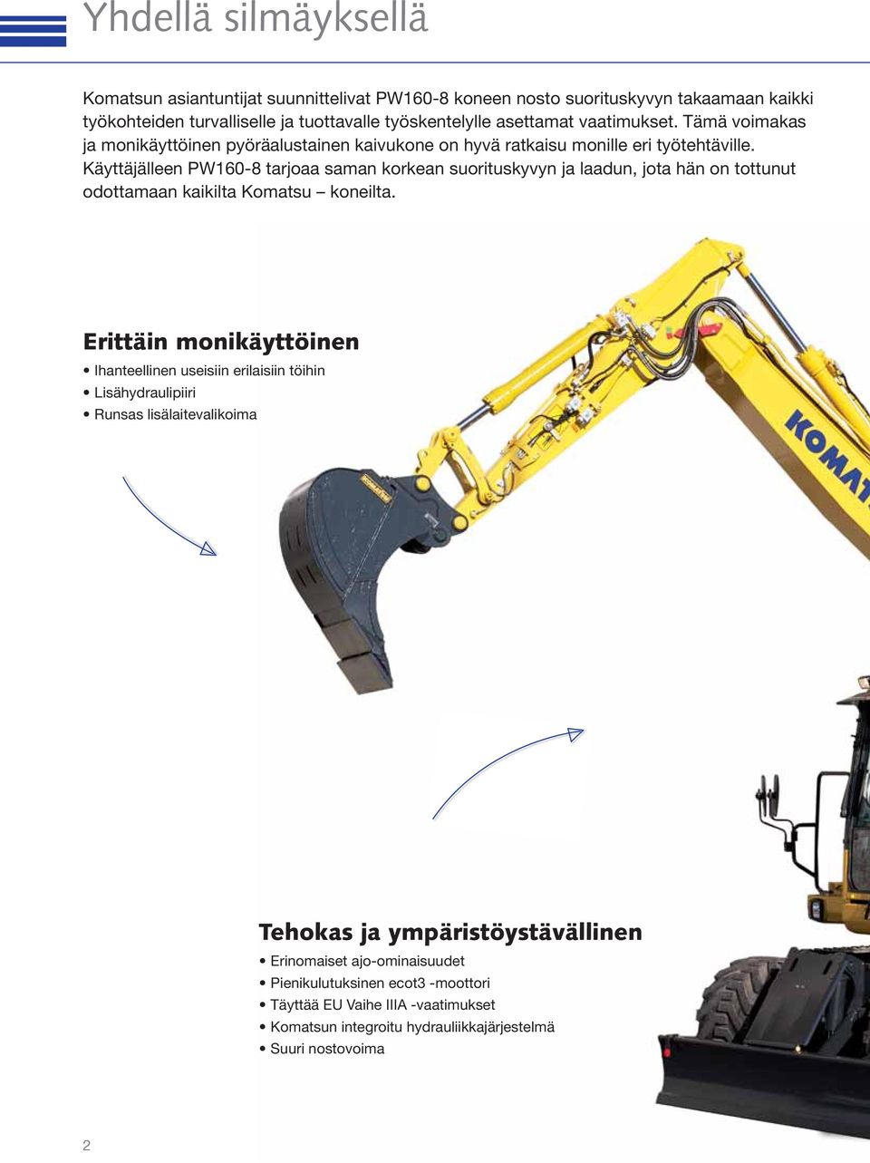 Käyttäjälleen PW160-8 tarjoaa saman korkean suorituskyvyn ja laadun, jota hän on tottunut odottamaan kaikilta Komatsu koneilta.