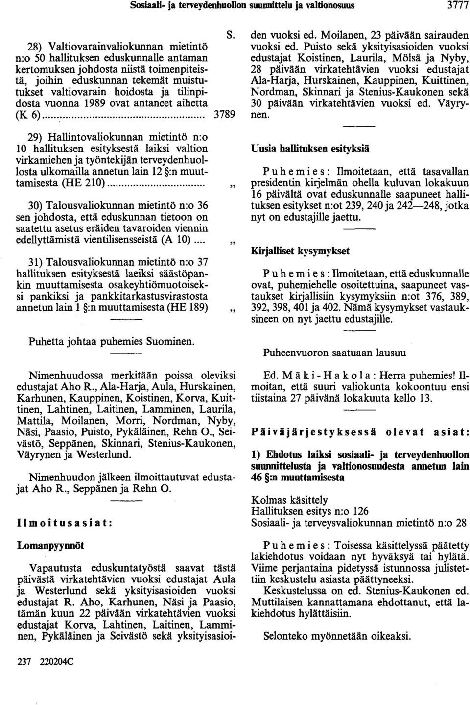 Puisto sekä yksityisasioiden vuoksi edustajat Koistinen, Laurila, Mölsä ja Nyby, 28 päivään virkatehtävien vuoksi edustajat Ala-Harja, Hurskainen, Kauppinen, Kuittinen, Nordman, Skinnari ja