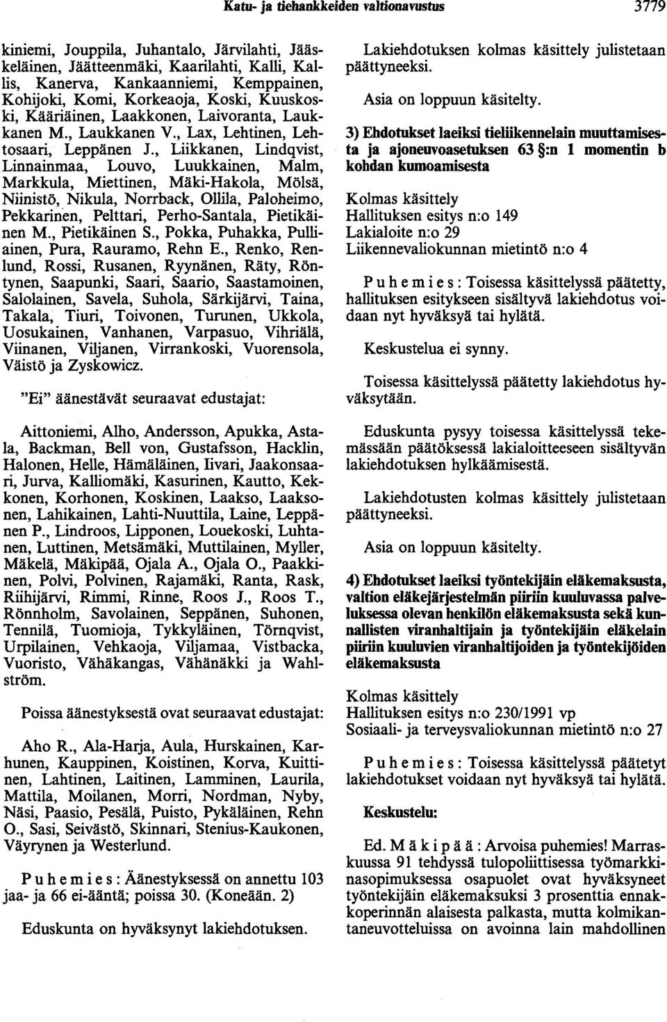 , Liikkanen, Lindqvist, Linnainmaa, Louvo, Luukkainen, Malm, Markkula, Miettinen, Mäki-Hakola, Mölsä, Niinistö, Nikula, Norrback, Ollila, Paloheimo, Pekkarinen, Pelttari, Perho-Santala, Pietikäinen M.