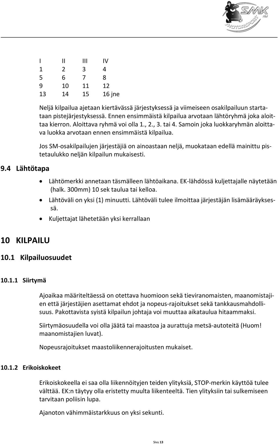 Jos SM-osakilpailujen järjestäjiä on ainoastaan neljä, muokataan edellä mainittu pistetaulukko neljän kilpailun mukaisesti. Lähtömerkki annetaan täsmälleen lähtöaikana.