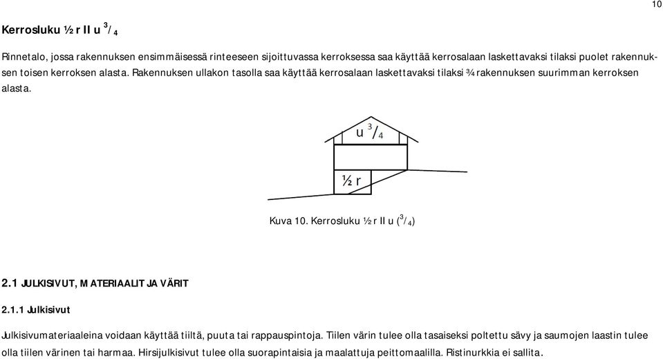 Kerrosluku ½ r II u ( 3 / 4 ) 2.1 JULKISIVUT, MATERIAALIT JA VÄRIT 2.1.1 Julkisivut Julkisivumateriaaleina voidaan käyttää tiiltä, puuta tai rappauspintoja.