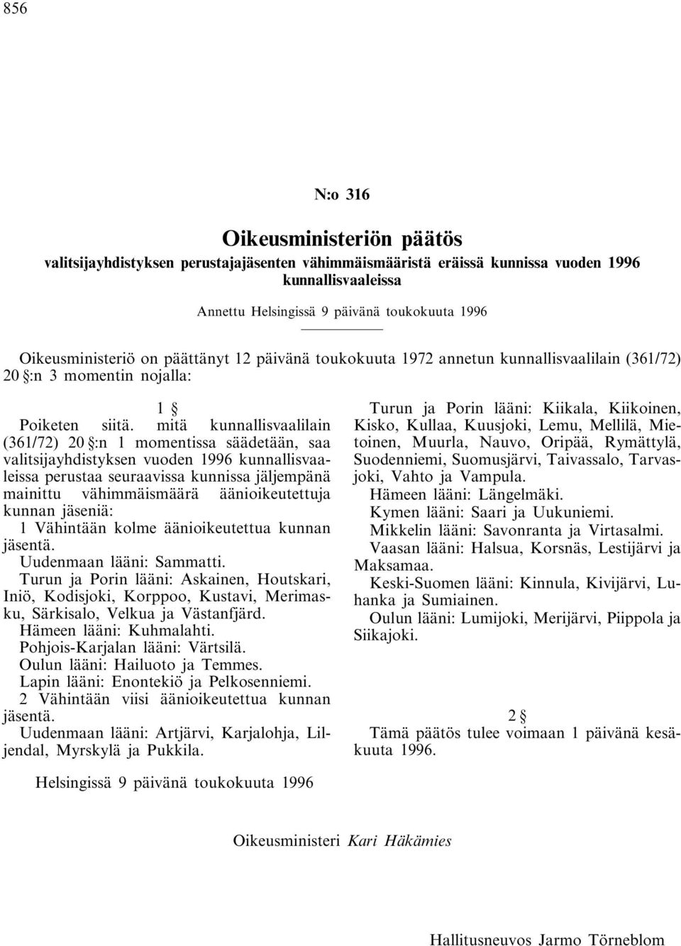 mitä kunnallisvaalilain (361/72) 20 :n 1 momentissa säädetään, saa valitsijayhdistyksen vuoden 1996 kunnallisvaaleissa perustaa seuraavissa kunnissa jäljempänä mainittu vähimmäismäärä