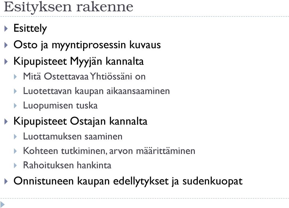 Luopumisen tuska Kipupisteet Ostajan kannalta Luottamuksen saaminen Kohteen