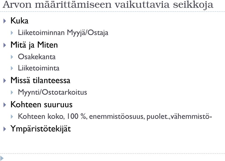 Liiketoiminta Missä tilanteessa Myynti/Ostotarkoitus Kohteen