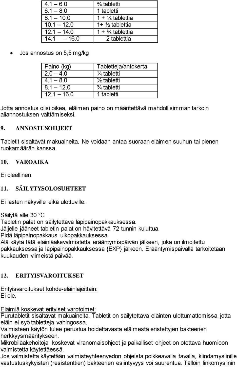 ANNOSTUSOHJEET Tabletit sisältävät makuaineita. Ne voidaan antaa suoraan eläimen suuhun tai pienen ruokamäärän kanssa. 10. VAROAIKA Ei oleellinen 11.