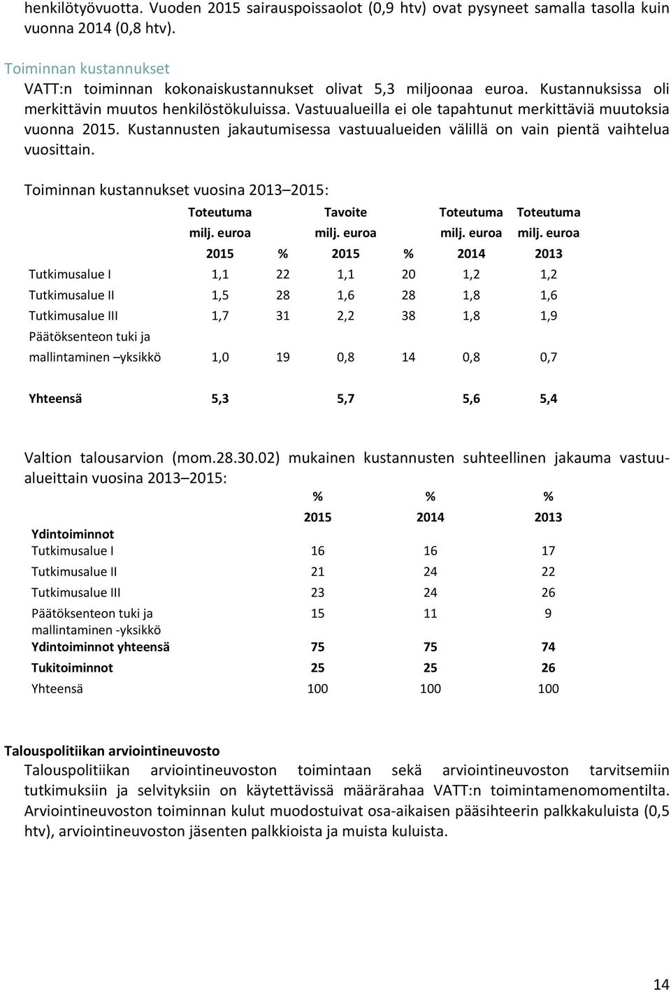 Vastuualueilla ei ole tapahtunut merkittäviä muutoksia vuonna 2015. Kustannusten jakautumisessa vastuualueiden välillä on vain pientä vaihtelua vuosittain.