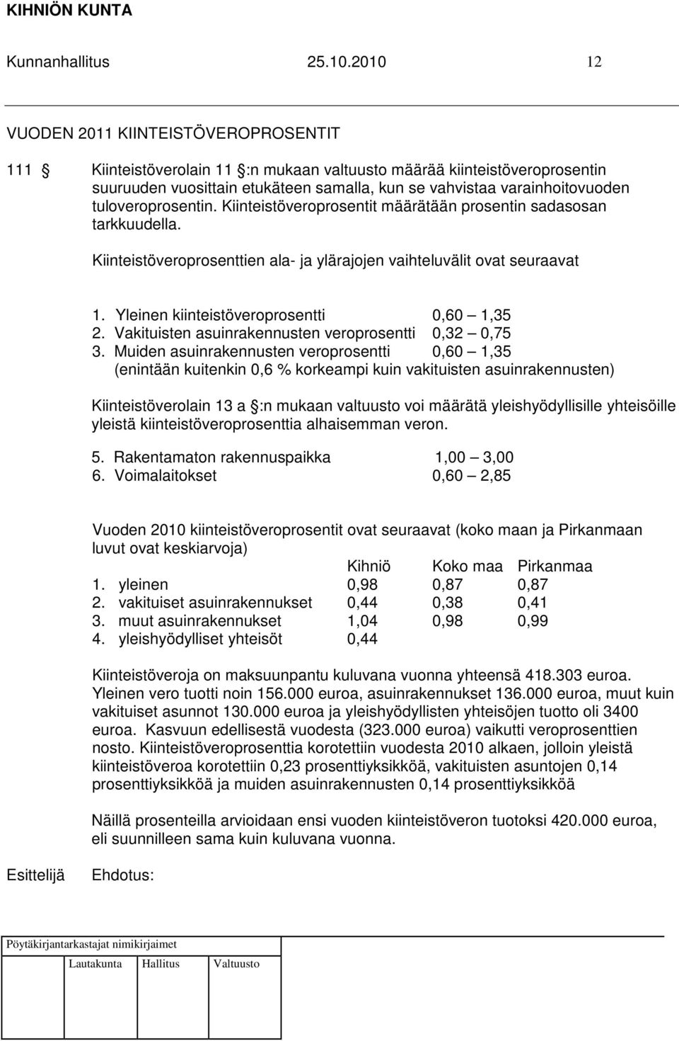 tuloveroprosentin. Kiinteistöveroprosentit määrätään prosentin sadasosan tarkkuudella. Kiinteistöveroprosenttien ala- ja ylärajojen vaihteluvälit ovat seuraavat 1.