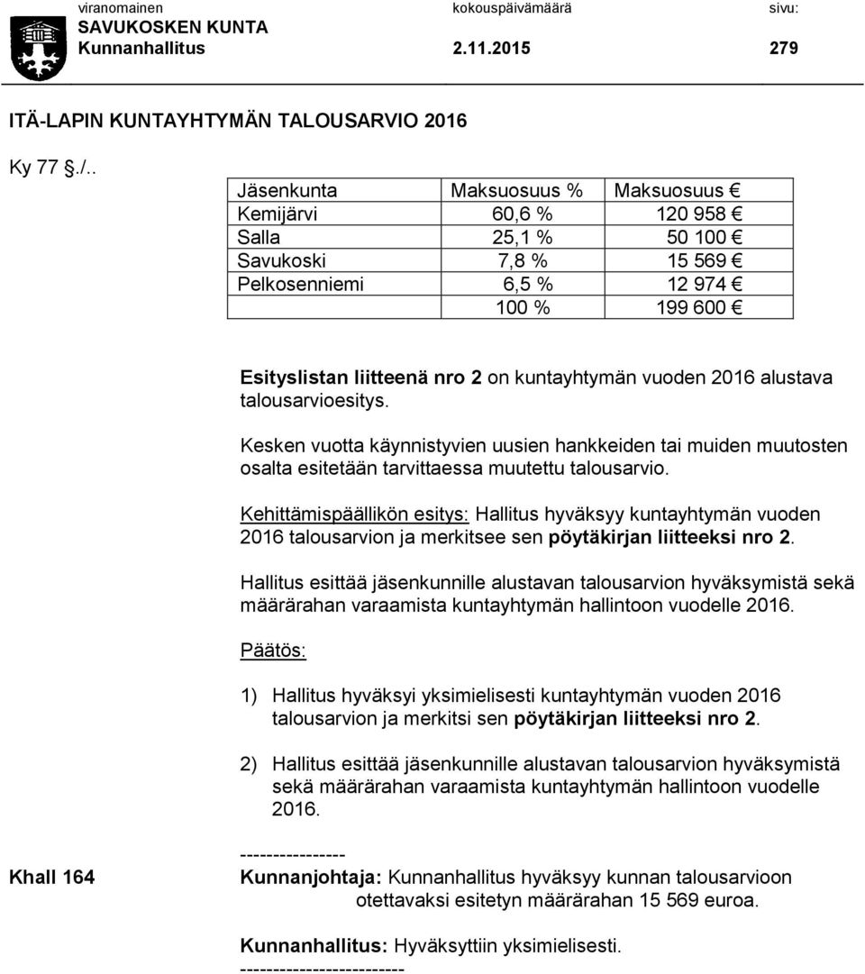 2016 alustava talousarvioesitys. Kesken vuotta käynnistyvien uusien hankkeiden tai muiden muutosten osalta esitetään tarvittaessa muutettu talousarvio.