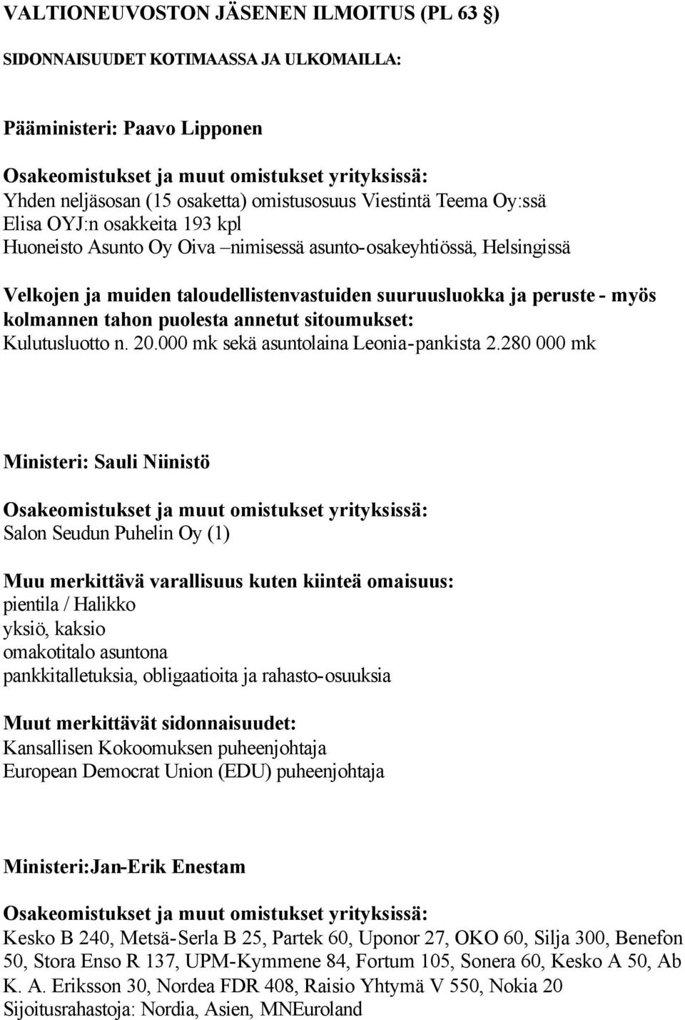 000 mk sekä asuntolaina Leonia-pankista 2.