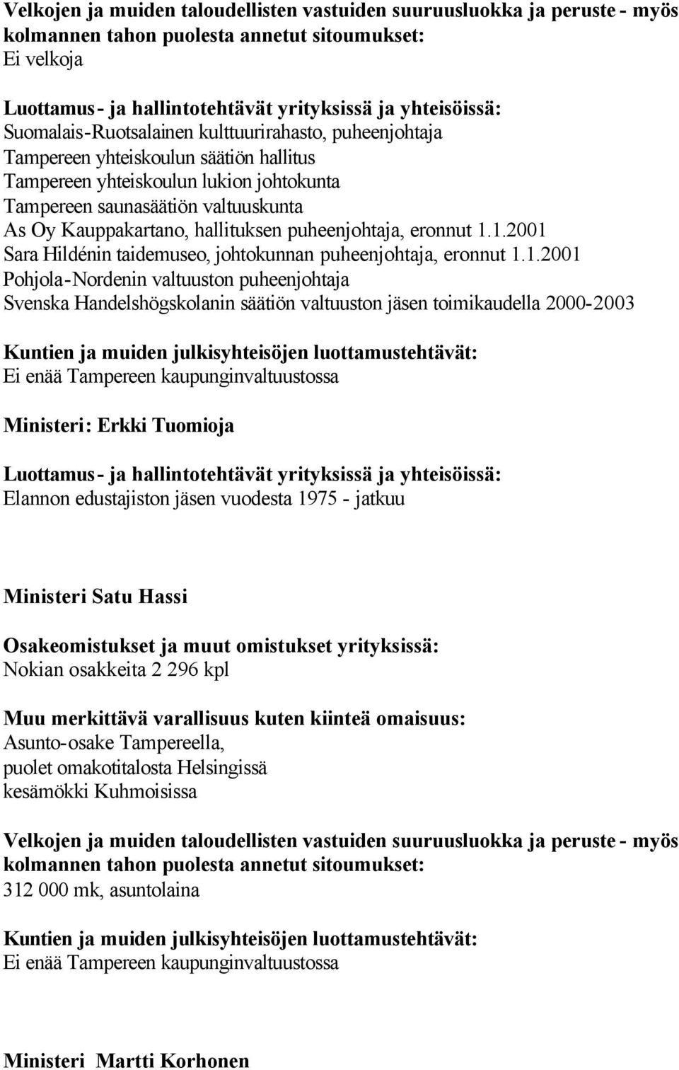 1.2001 Sara Hildénin taidemuseo, johtokunnan puheenjohtaja, eronnut 1.1.2001 Pohjola-Nordenin valtuuston puheenjohtaja Svenska Handelshögskolanin säätiön valtuuston jäsen toimikaudella 2000-2003 Ei