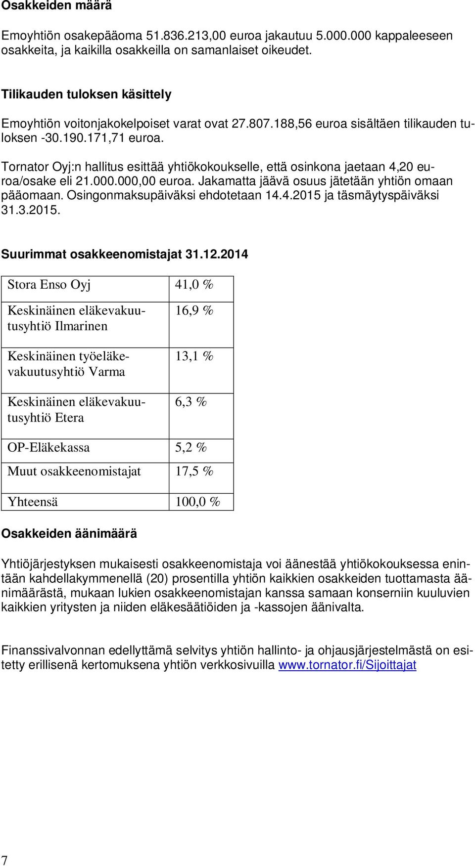 Tornator Oyj:n hallitus esittää yhtiökokoukselle, että osinkona jaetaan 4,20 euroa/osake eli 21.000.000,00 euroa. Jakamatta jäävä osuus jätetään yhtiön omaan pääomaan.