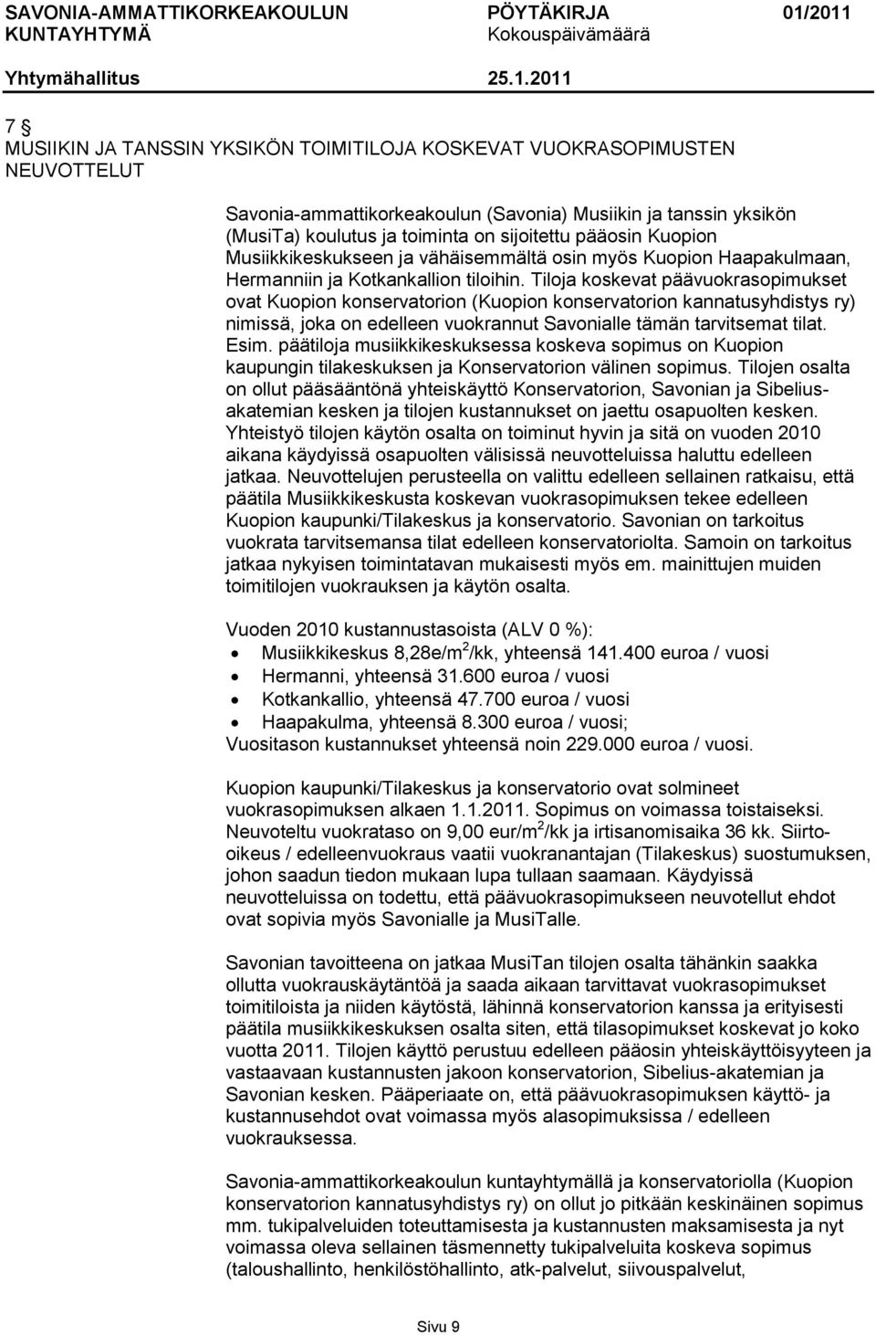 Tiloja koskevat päävuokrasopimukset ovat Kuopion konservatorion (Kuopion konservatorion kannatusyhdistys ry) nimissä, joka on edelleen vuokrannut Savonialle tämän tarvitsemat tilat. Esim.