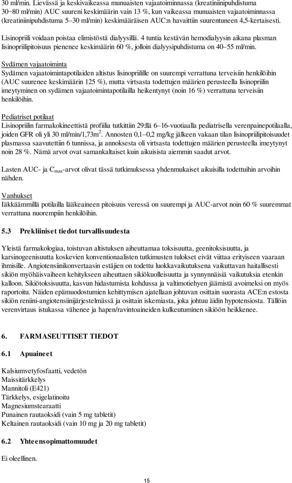 ml/min) keskimääräisen AUC:n havaittiin suurentuneen 4,5-kertaisesti. Lisinopriili voidaan poistaa elimistöstä dialyysillä.