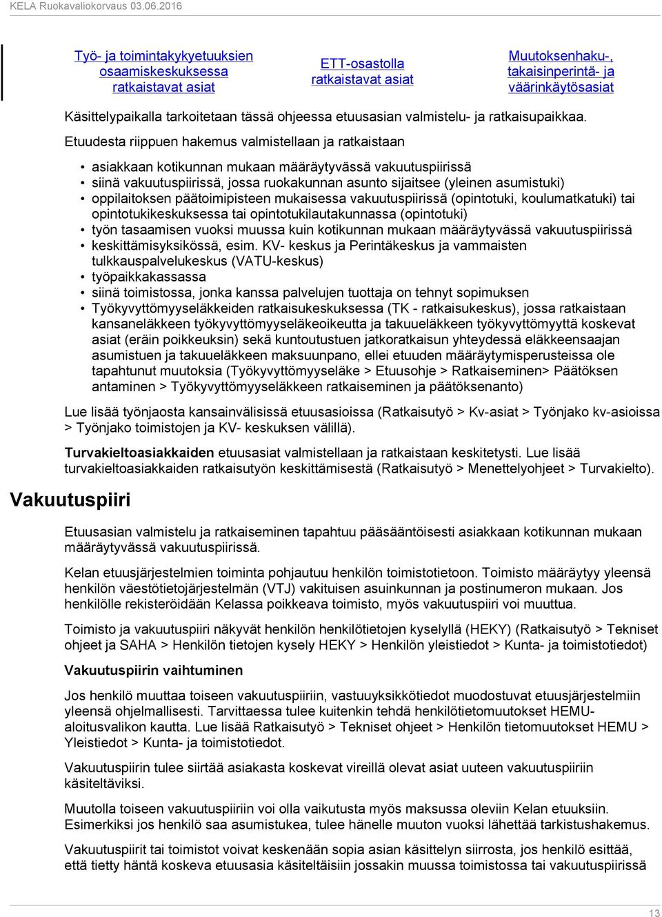 Etuudesta riippuen hakemus valmistellaan ja ratkaistaan asiakkaan kotikunnan mukaan määräytyvässä vakuutuspiirissä siinä vakuutuspiirissä, jossa ruokakunnan asunto sijaitsee (yleinen asumistuki)