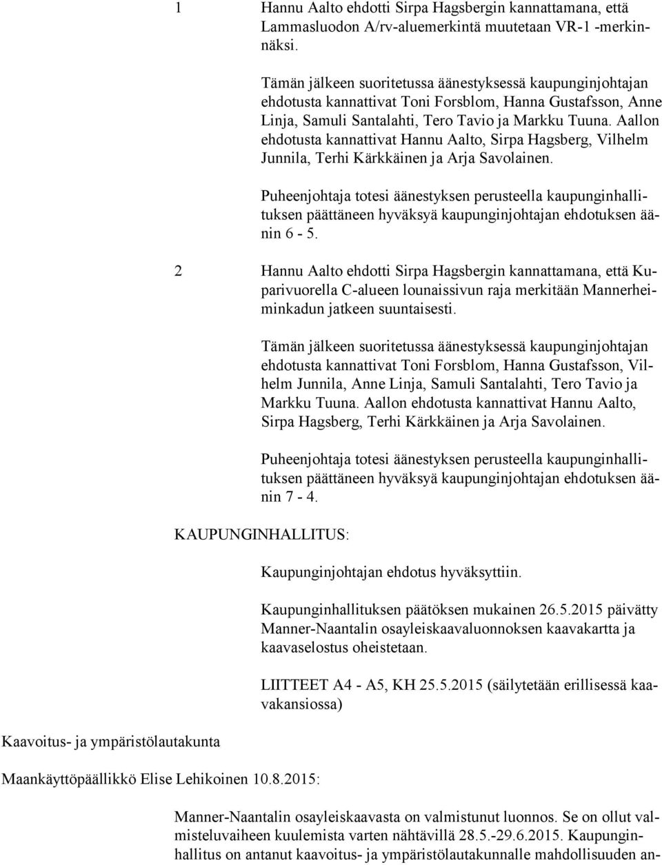 Aal lon ehdotusta kannattivat Hannu Aalto, Sirpa Hagsberg, Vil helm Junnila, Terhi Kärkkäinen ja Arja Savolainen.