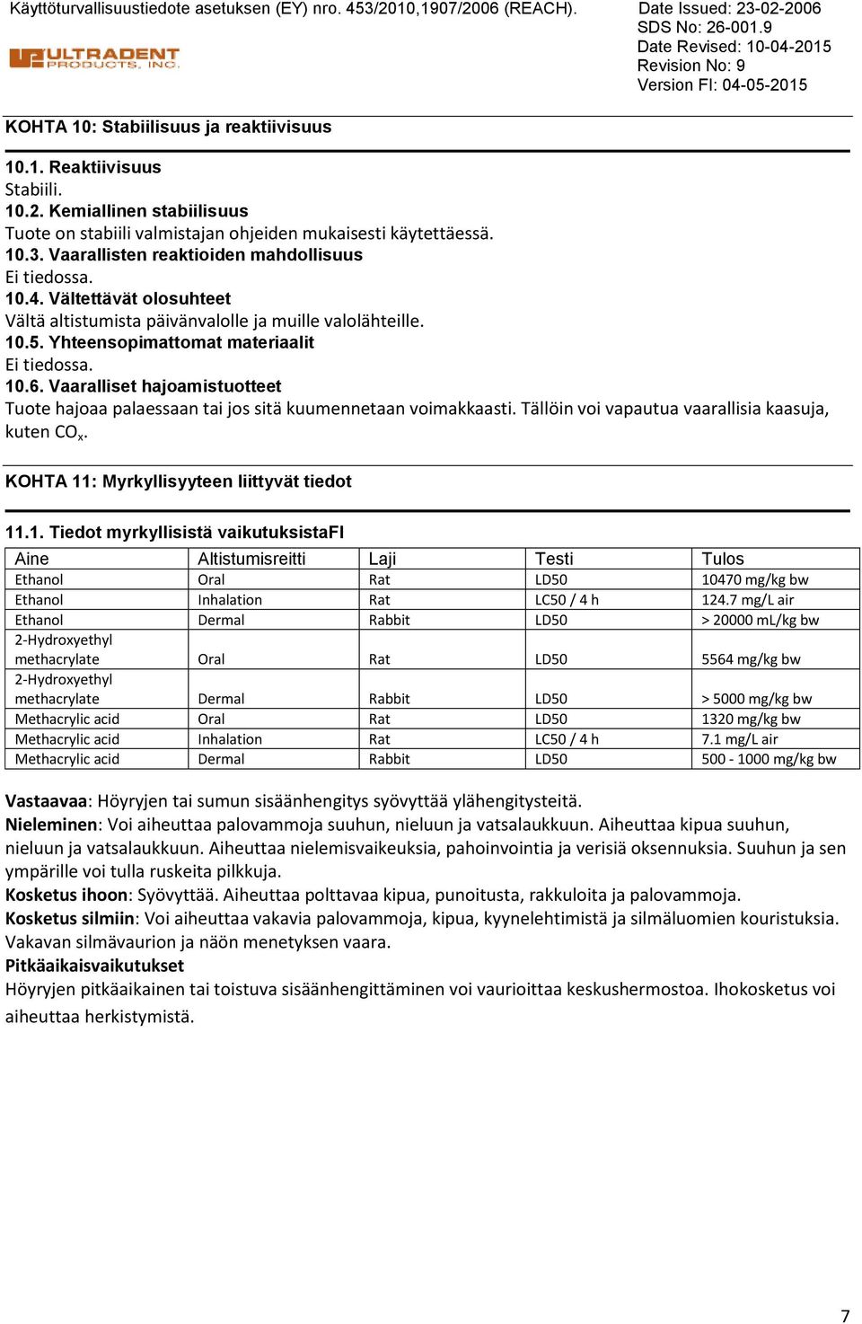 Vältettävät olosuhteet Vältä altistumista päivänvalolle ja muille valolähteille. 10.5. Yhteensopimattomat materiaalit Ei tiedossa. 10.6.