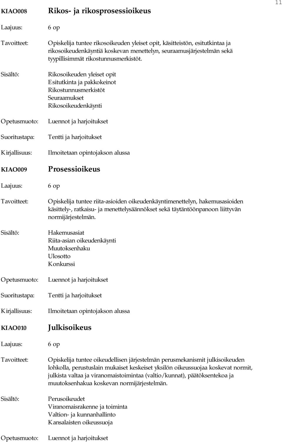 Rikosoikeuden yleiset opit Esitutkinta ja pakkokeinot Rikostunnusmerkistöt Seuraamukset Rikosoikeudenkäynti Prosessioikeus Opiskelija tuntee riita-asioiden oikeudenkäyntimenettelyn, hakemusasioiden