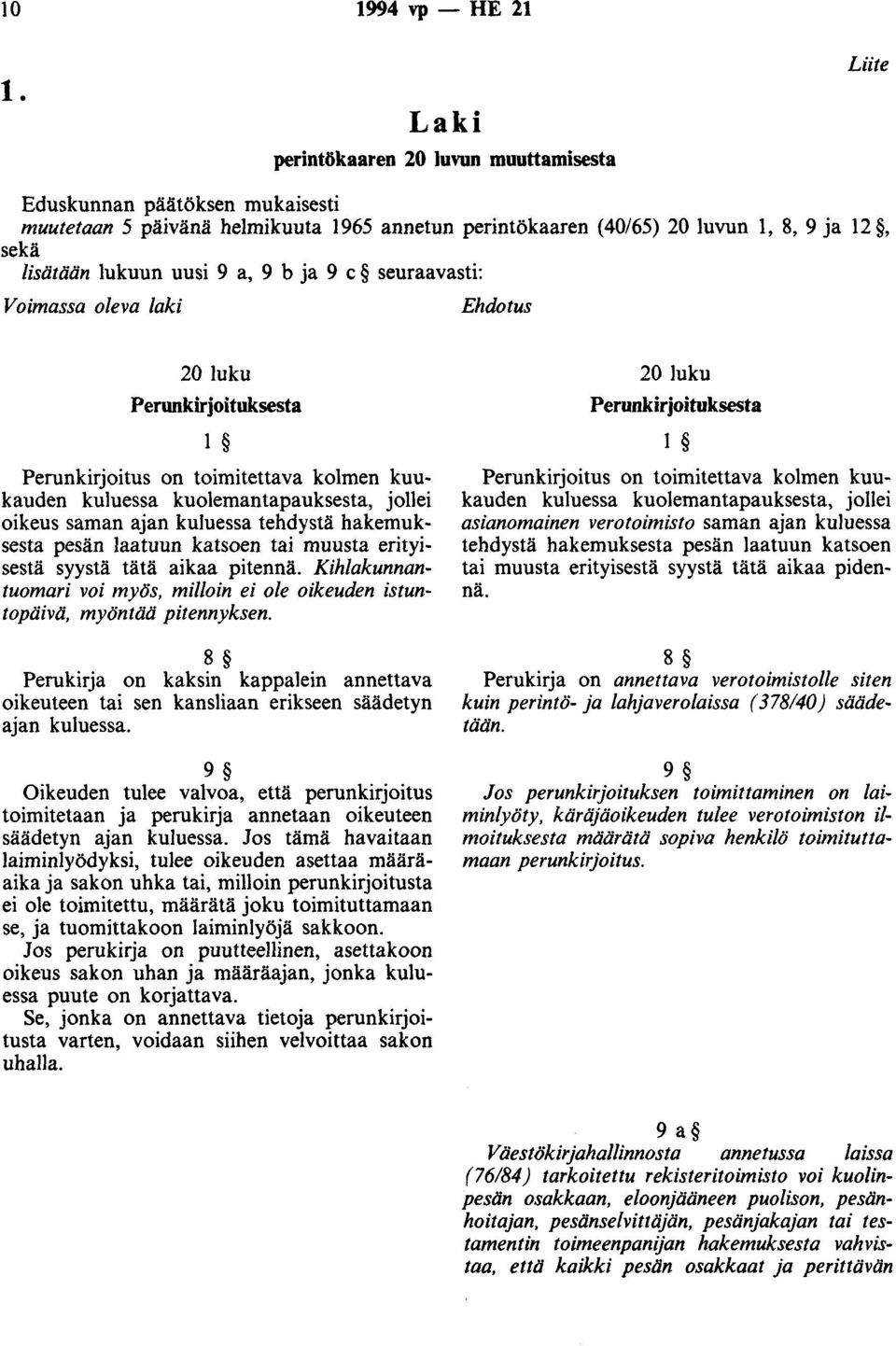 ja 9 c seuraavasti: Voimassa oleva laki Ehdotus 20 luku Perunkirjoituksesta 1 Perunkirjoitus on toimitettava kolmen kuukauden kuluessa kuolemantapauksesta, jollei oikeus saman ajan kuluessa tehdystä