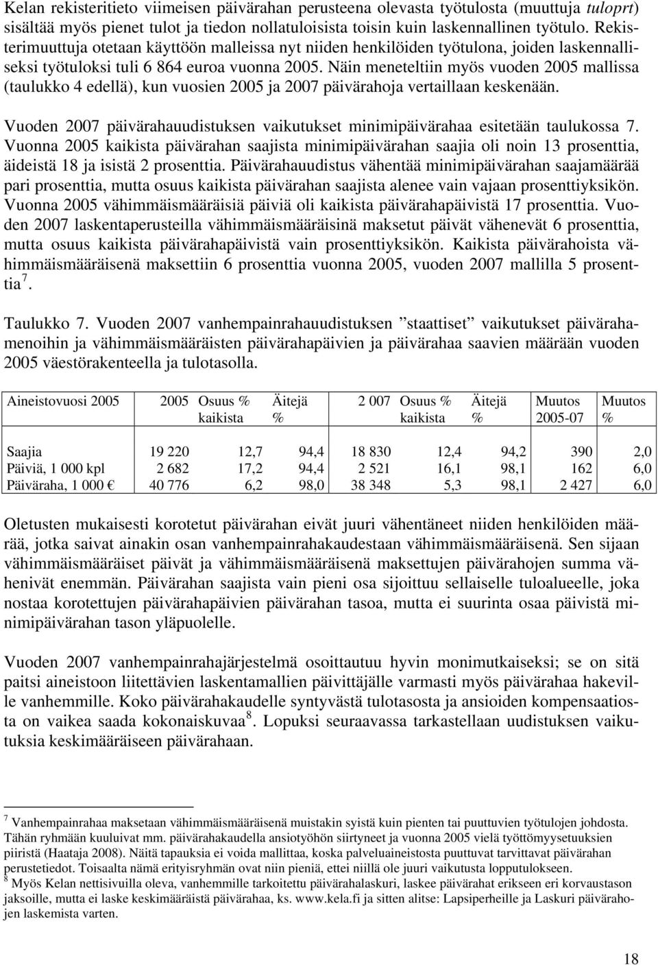 Näin meneteltiin myös vuoden 2005 mallissa (taulukko 4 edellä), kun vuosien 2005 ja 2007 päivärahoja vertaillaan keskenään.