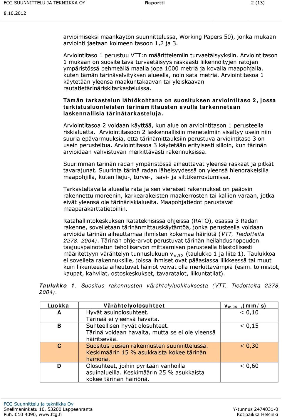 Arviointitason 1 mukaan on suositeltava turvaetäisyys raskaasti liikennöityjen ratojen ympäristössä pehmeällä maalla jopa 1000 metriä ja kovalla maapohjalla, kuten tämän tärinäselvityksen alueella,