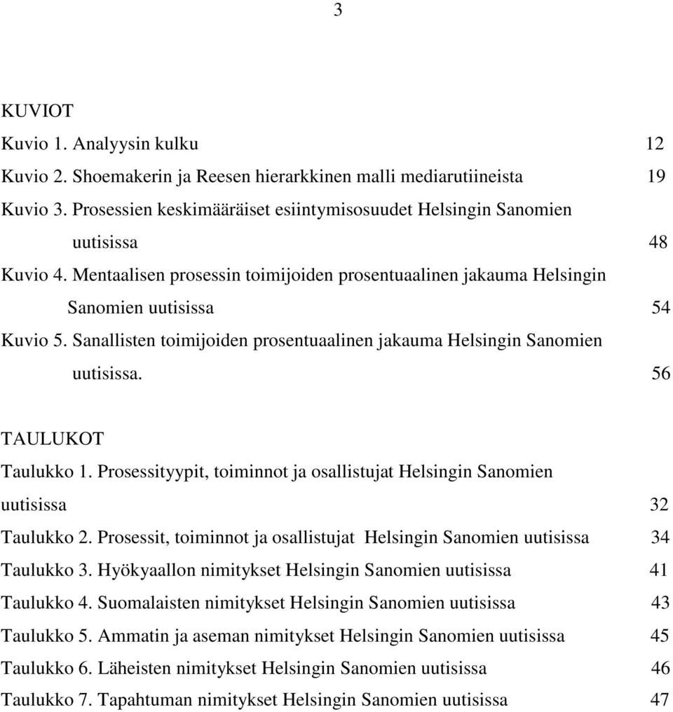 Prosessityypit, toiminnot ja osallistujat Helsingin Sanomien uutisissa 32 Taulukko 2. Prosessit, toiminnot ja osallistujat Helsingin Sanomien uutisissa 34 Taulukko 3.