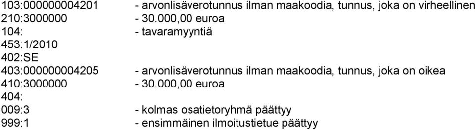 000,00 euroa 104: - tavaramyyntiä 453:1/2010 402:SE 403:000000004205 -