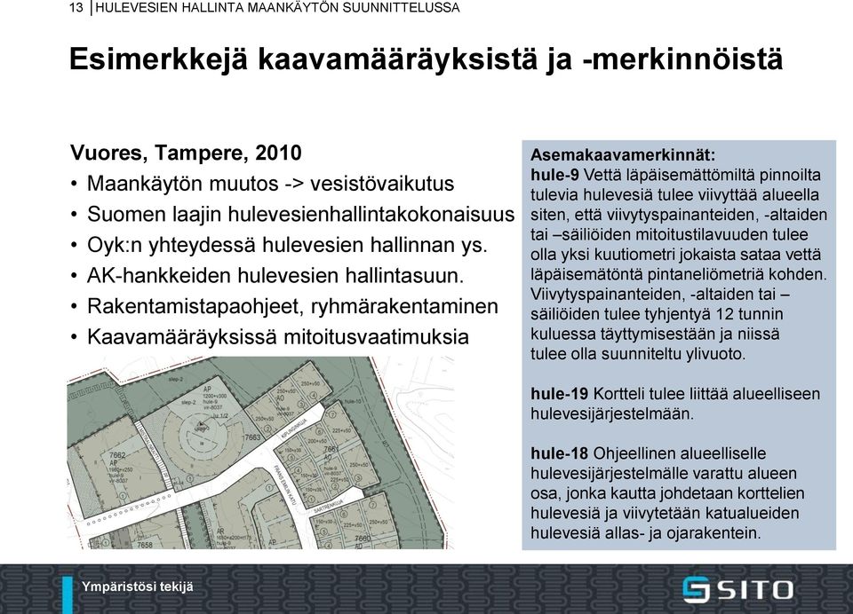 Rakentamistapaohjeet, ryhmärakentaminen Kaavamääräyksissä mitoitusvaatimuksia Asemakaavamerkinnät: hule-9 Vettä läpäisemättömiltä pinnoilta tulevia hulevesiä tulee viivyttää alueella siten, että