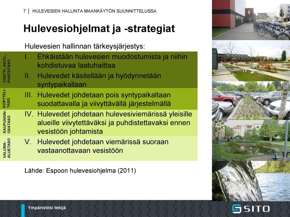 Hulevedet käsitellään ja hyödynnetään syntypaikallaan III. Hulevedet johdetaan pois syntypaikaltaan suodattavalla ja viivyttävällä järjestelmällä IV.