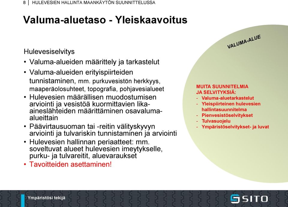 Päävirtausuoman tai -reitin välityskyvyn arviointi ja tulvariskin tunnistaminen ja arviointi Hulevesien hallinnan periaatteet: mm.