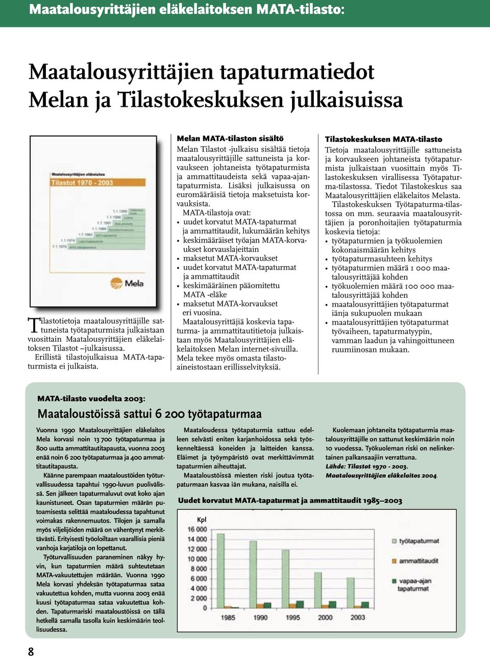 Melan MATA-tilaston sisältö Melan Tilastot -julkaisu sisältää tietoja maatalousyrittäjille sattuneista ja korvaukseen johtaneista työtapaturmista ja ammattitaudeista sekä vapaa-ajantapaturmista.