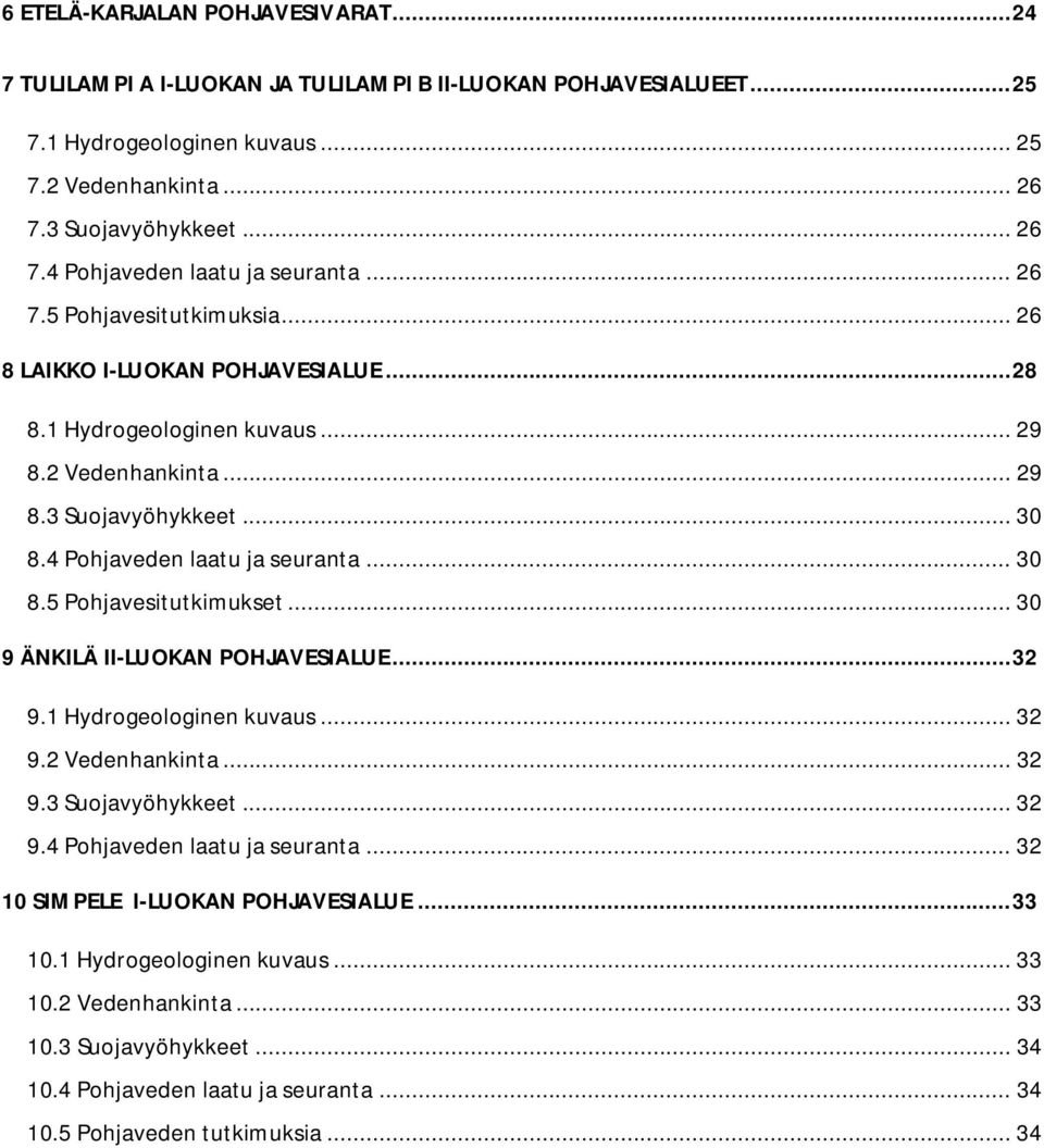 .. 30 9 ÄNKILÄ II-LUOKAN POHJAVESIALUE... 32 9.1 Hydrogeologinen kuvaus... 32 9.2 Vedenhankinta... 32 9.3 Suojavyöhykkeet... 32 9.4 Pohjaveden laatu ja seuranta... 32 10 SIMPELE I-LUOKAN POHJAVESIALUE.