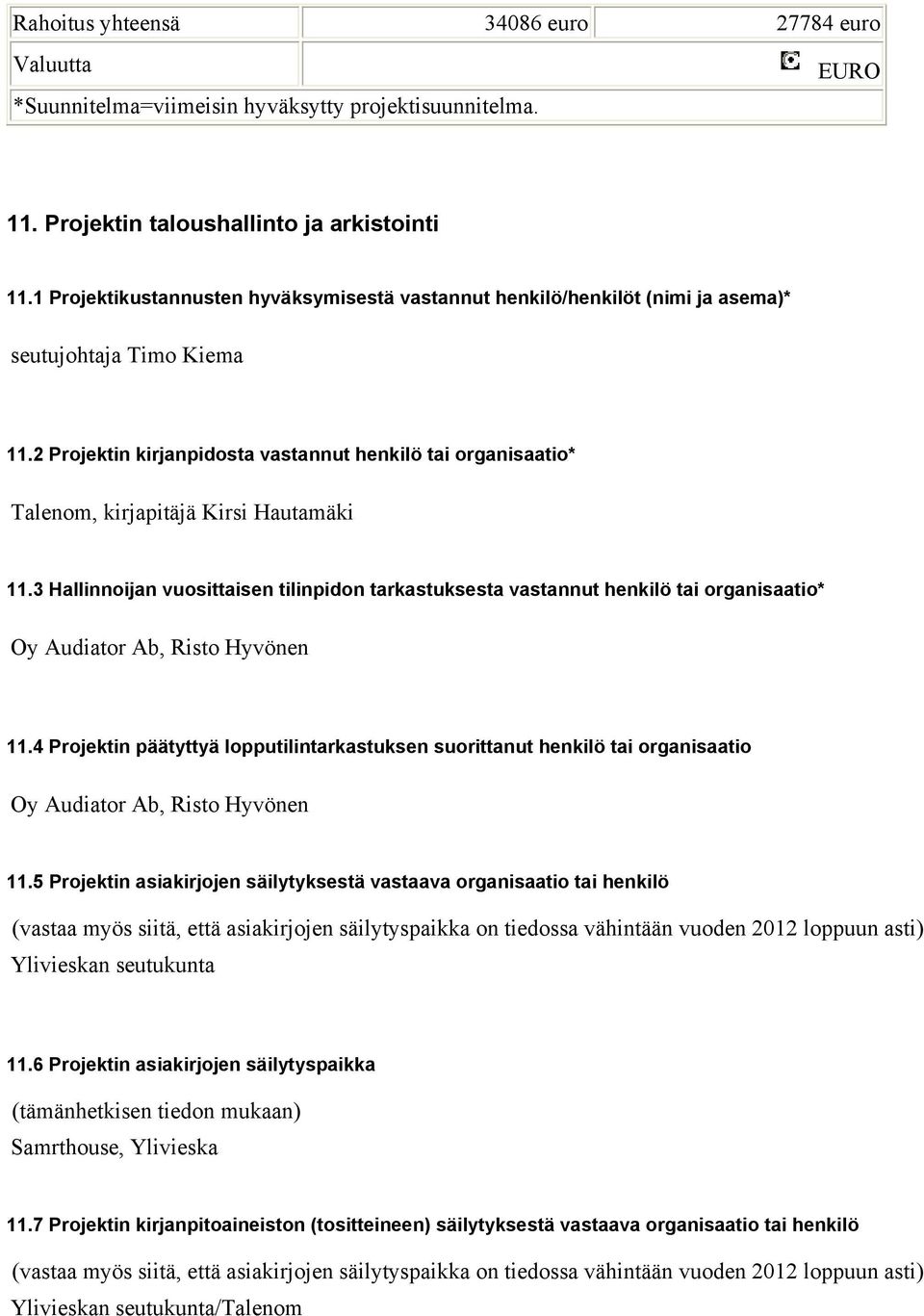 2 Projektin kirjanpidosta vastannut henkilö tai organisaatio* Talenom, kirjapitäjä Kirsi Hautamäki 11.
