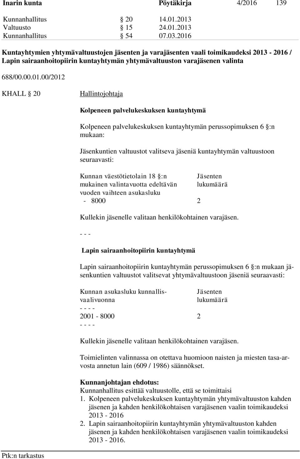 Kolpeneen palvelukeskuksen kuntayhtymä Kolpeneen palvelukeskuksen kuntayhtymän perussopimuksen 6 :n mukaan: Jäsenkuntien valtuustot valitseva jäseniä kuntayhtymän valtuustoon seuraavasti: Kunnan