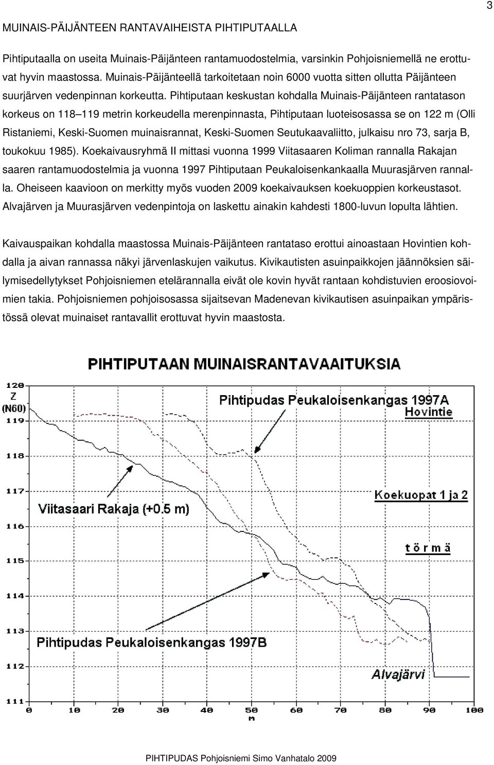 Pihtiputaan keskustan kohdalla Muinais-Päijänteen rantatason korkeus on 118 119 metrin korkeudella merenpinnasta, Pihtiputaan luoteisosassa se on 122 m (Olli Ristaniemi, Keski-Suomen muinaisrannat,