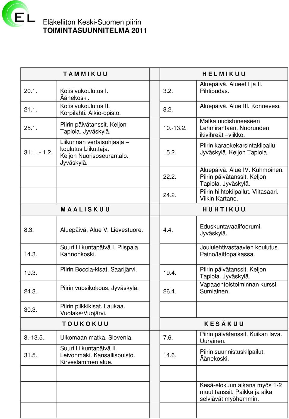 Alueet I ja II. Pihtipudas. Aluepäivä. Alue III. Konnevesi. Matka uudistuneeseen Lehmirantaan. Nuoruuden ikivihreät viikko. Piirin karaokekarsintakilpailu Jyväskylä. Keljon Tapiola. Aluepäivä. Alue IV.