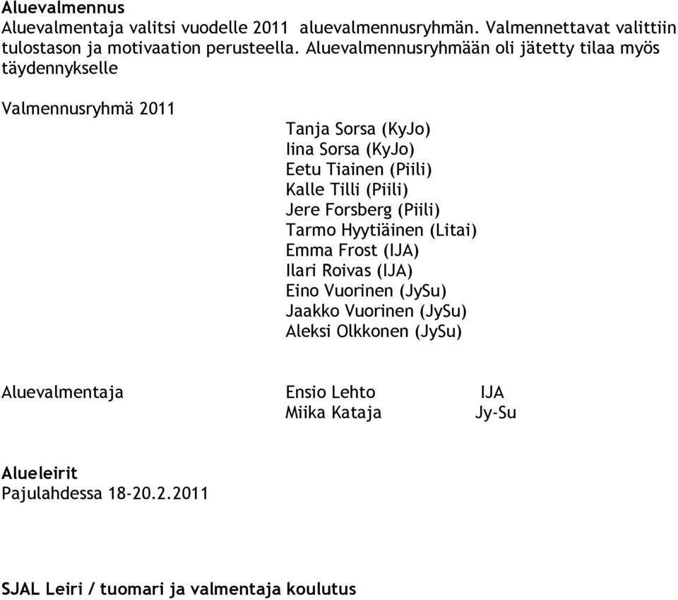 Tilli (Piili) Jere Forsberg (Piili) Tarmo Hyytiäinen (Litai) Emma Frost (IJA) Ilari Roivas (IJA) Eino Vuorinen (JySu) Jaakko Vuorinen (JySu)