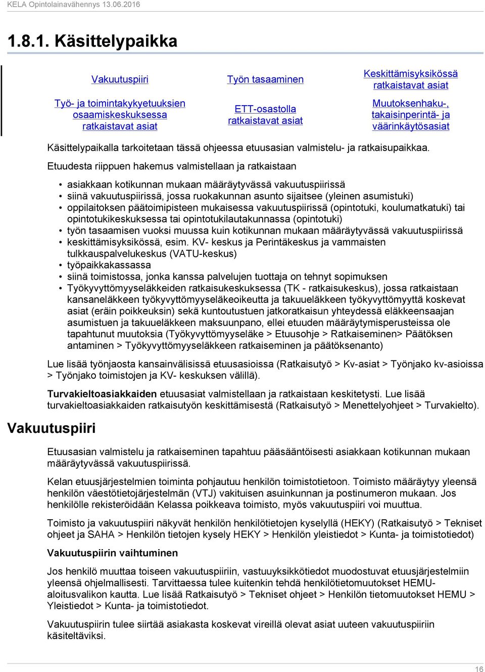 Etuudesta riippuen hakemus valmistellaan ja ratkaistaan asiakkaan kotikunnan mukaan määräytyvässä vakuutuspiirissä siinä vakuutuspiirissä, jossa ruokakunnan asunto sijaitsee (yleinen asumistuki)