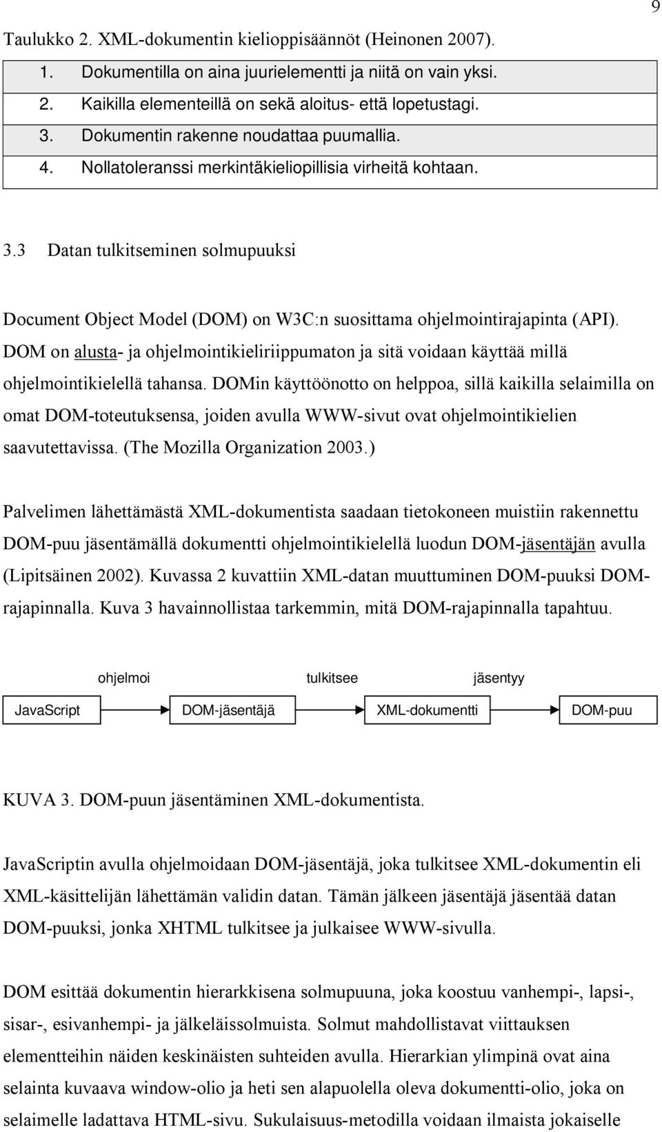 3 Datan tulkitseminen solmupuuksi Document Object Model (DOM) on W3C:n suosittama ohjelmointirajapinta (API).