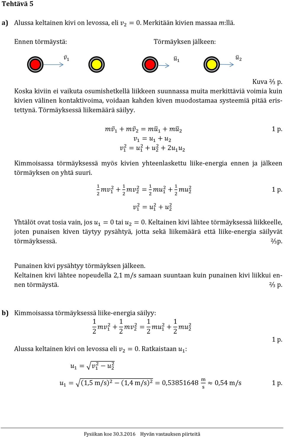 Törmäyksessä liikemäärä säilyy. 2 Kimmoisassa törmäyksessä myös kivien yhteenlaskettu liike energia ennen ja jälkeen törmäyksen on yhtä suuri. Yhtälöt ovat tosia vain, jos 0 tai 0.