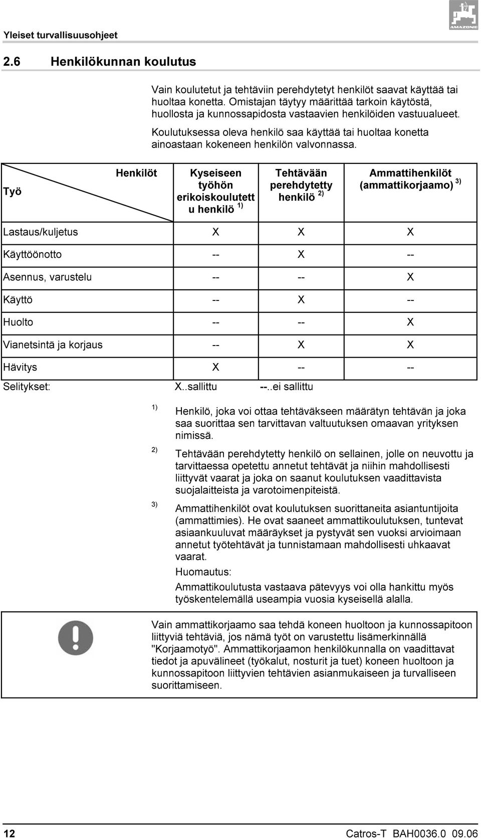 Koulutuksessa oleva henkilö saa käyttää tai huoltaa konetta ainoastaan kokeneen henkilön valvonnassa.