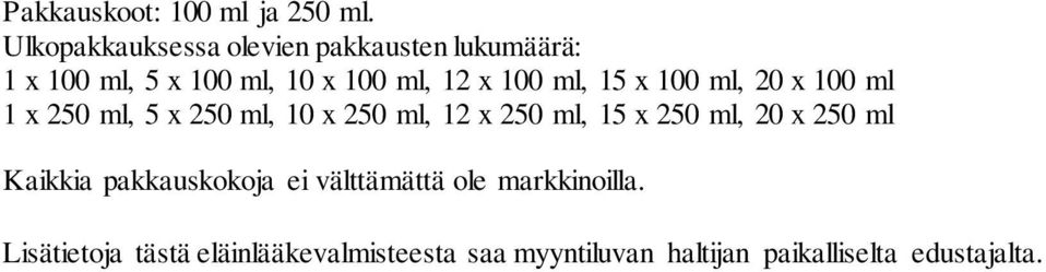 ml, 15 x 100 ml, 20 x 100 ml 1 x 250 ml, 5 x 250 ml, 10 x 250 ml, 12 x 250 ml, 15 x 250 ml,