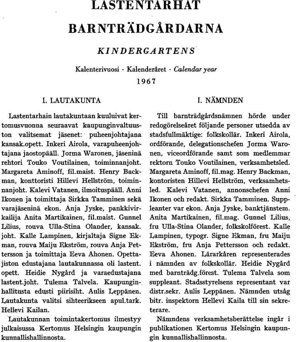 Jorma Waronen, jäseninä rehtori Touko Voutilainen, toiminnanjoht. Margareta Aminoff, fil.maist. Henry Back man, konttoristi Hillevi Hellström, toiminnanjoht. Kalevi Vatanen, ilmoituspääll.
