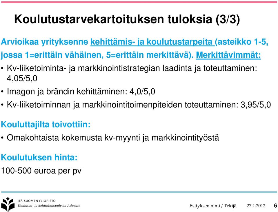 Merkittävimmät: Kv-liiketoiminta- ja markkinointistrategian laadinta ja toteuttaminen: 4,05/5,0 Imagon ja brändin kehittäminen: